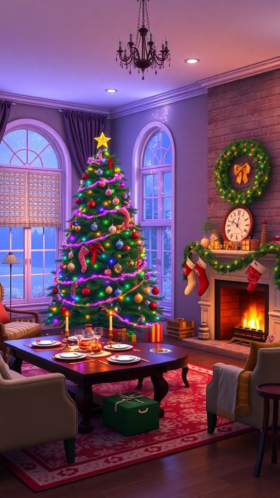 Sims 4 Christmas Decor Ideas A festive Sims 4 living room decorated for Christmas with a colorful tree, stockings, and holiday table.